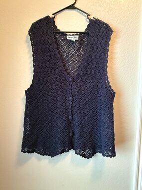 Jacque & KoKo Navy Crochet Button Front Vest Boho Open Knit Size 14/16